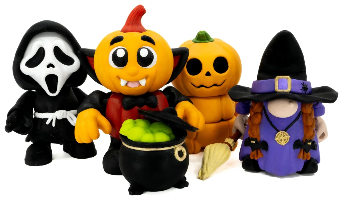 Halloweenské figurky Flexi Friends – duch, dýně, strašidelný kotlík a čarodějnice